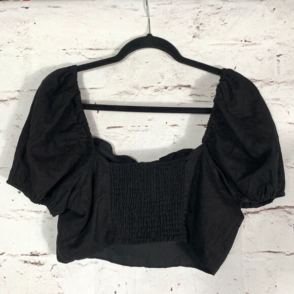 House of Harlow 1960 Black Linen Blend Puff Sleeve Crop Top Size 8 Square Neck - Picture 2 of 6